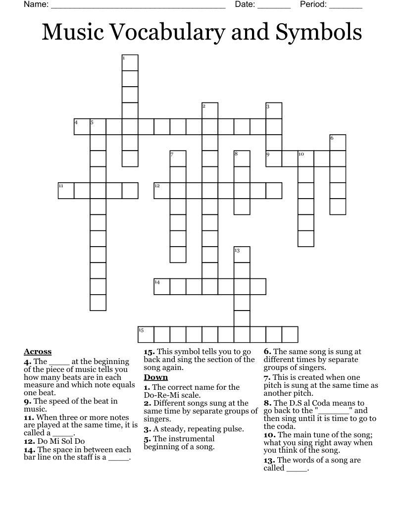 Music Vocabulary and Symbols Crossword