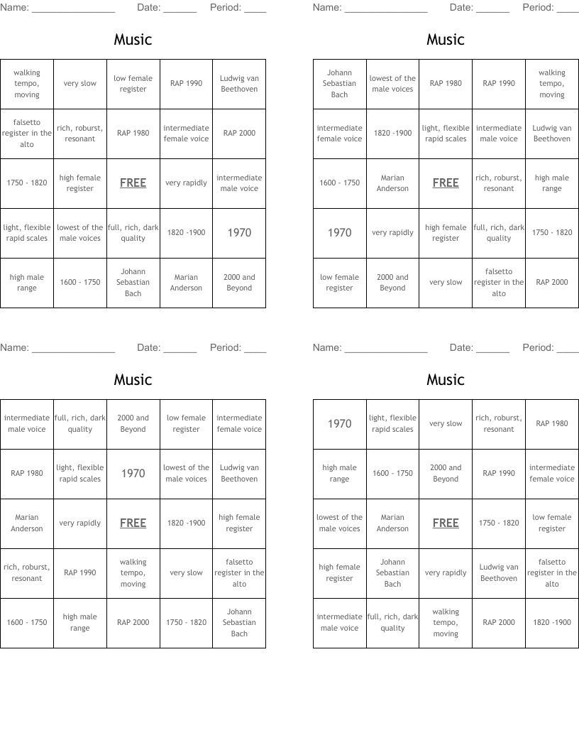 Music  Bingo Cards