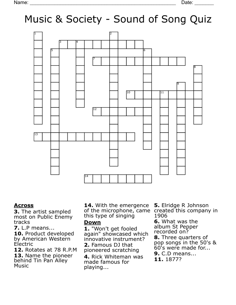 Music & Society - Sound of Song Quiz Crossword