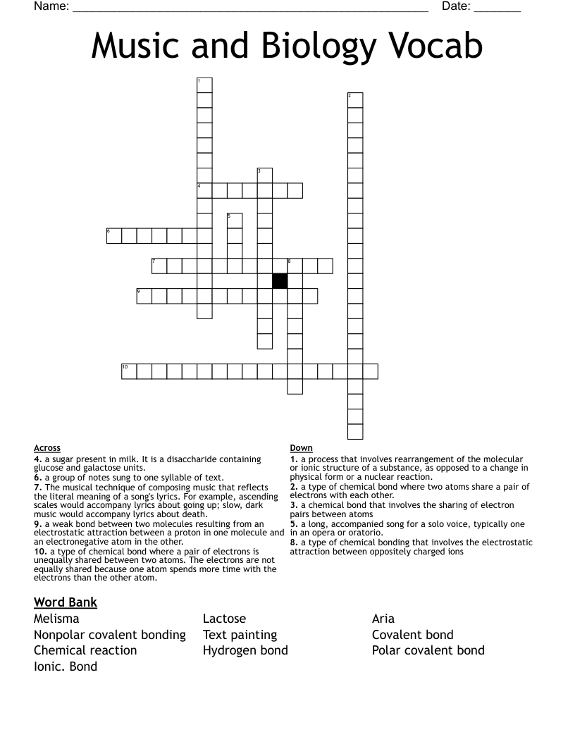 Music and Biology Vocab Crossword
