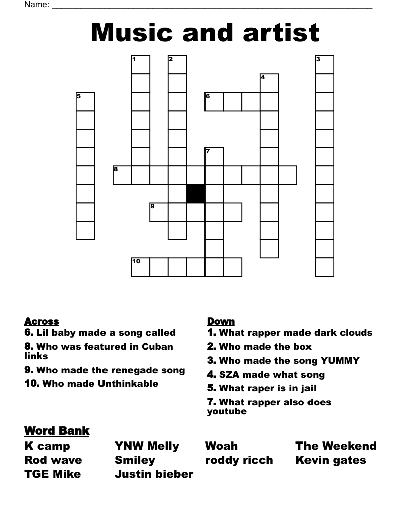 Music and artist Crossword