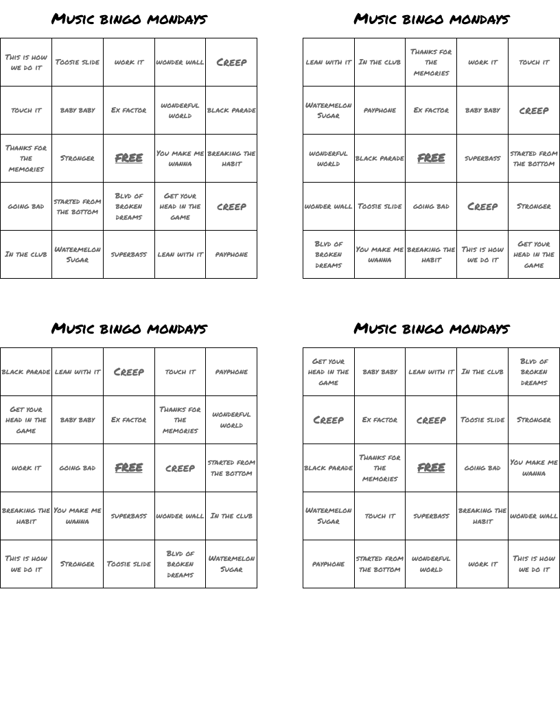 Music bingo mondays 