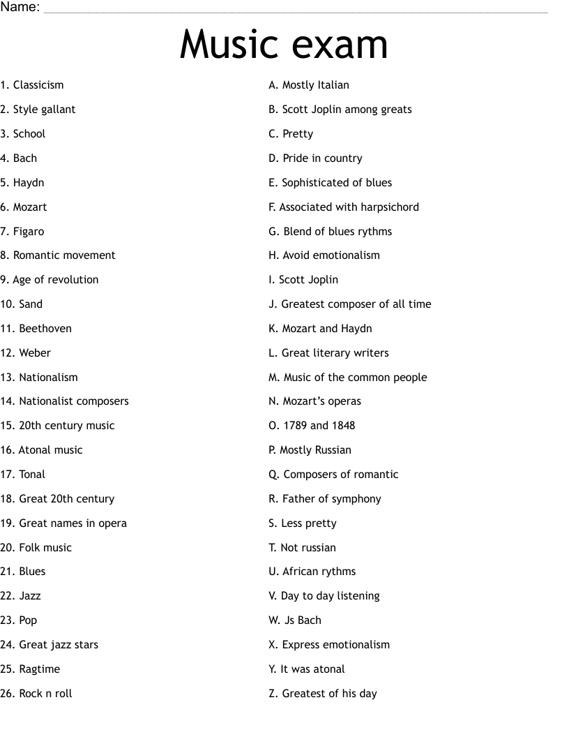 Music exam Worksheet