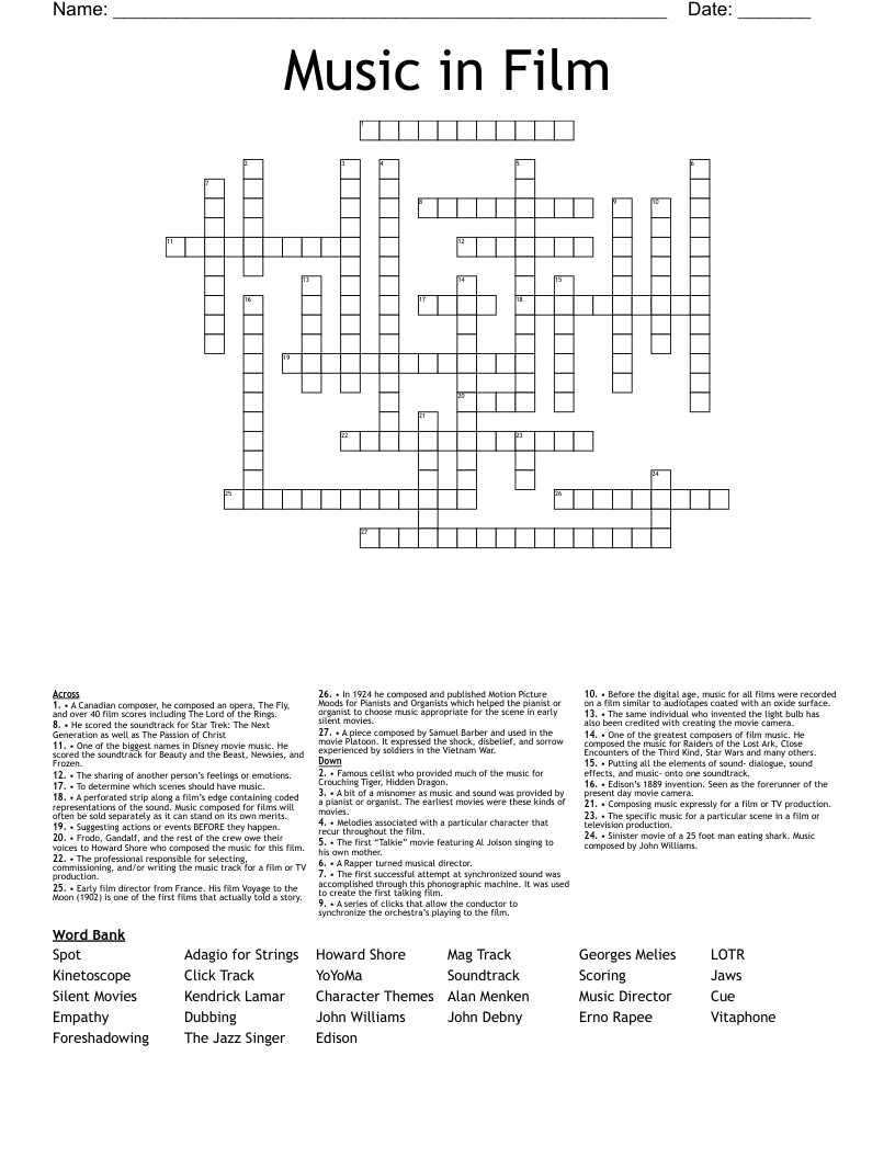 Music in Film Crossword