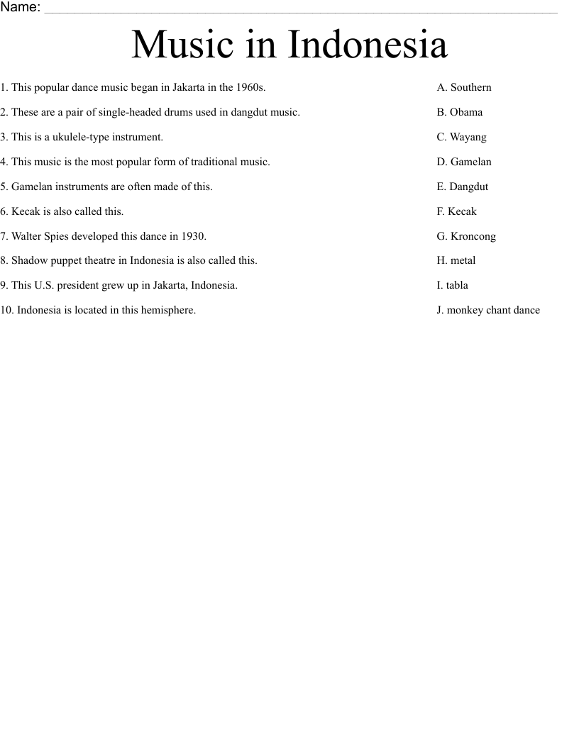 Music in Indonesia  Worksheet