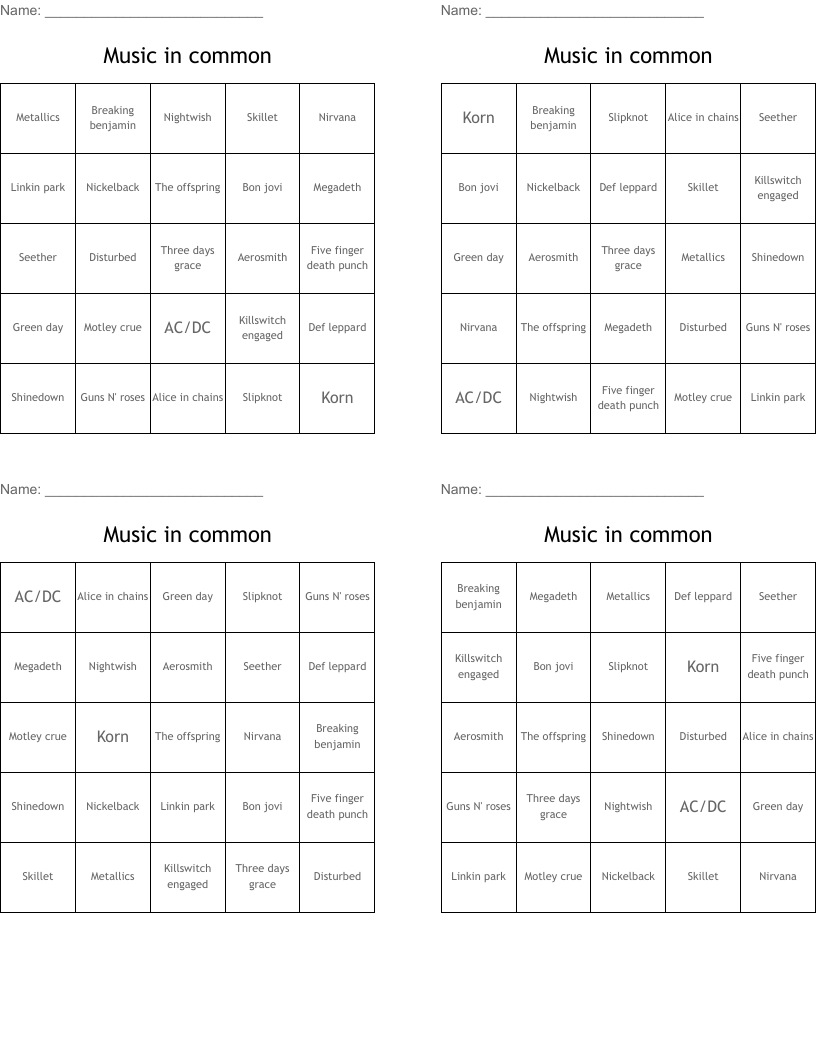 Music in common  Bingo Cards