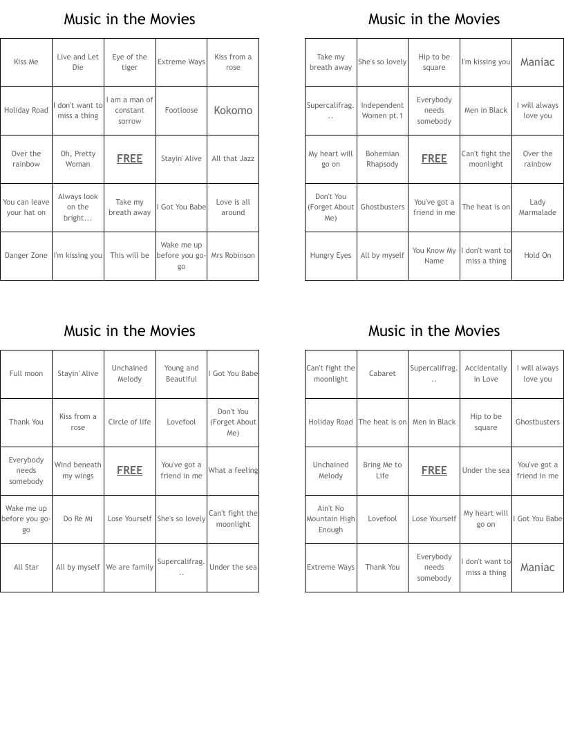 Music in the Movies Bingo Cards
