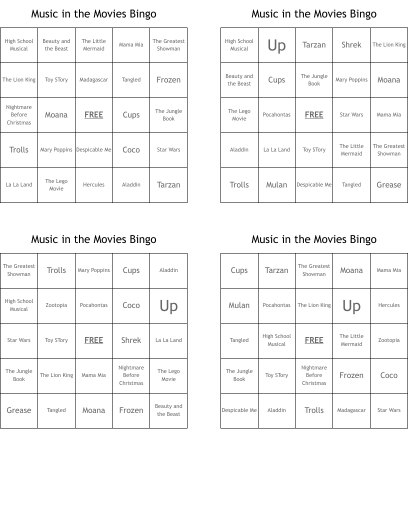 Music in the Movies Bingo