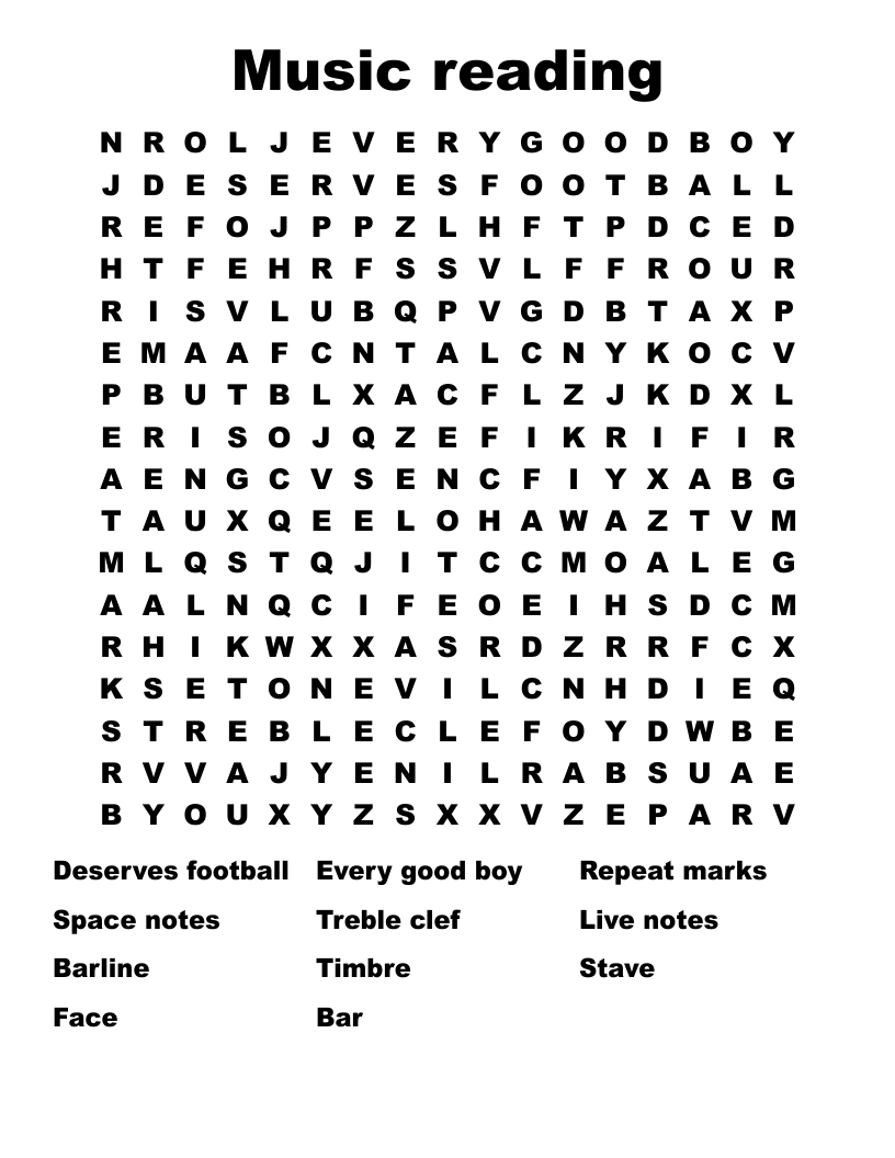 Music reading Word Search