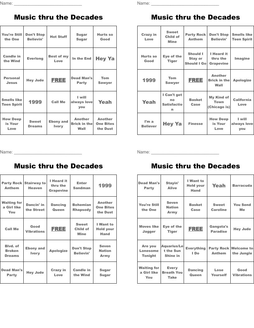Music thru the Decades Bingo Cards