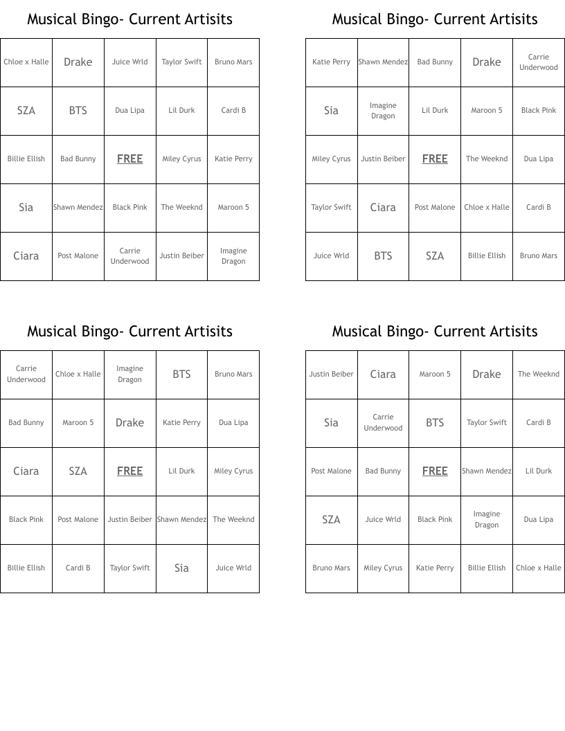 Musical Bingo- Current Artisits