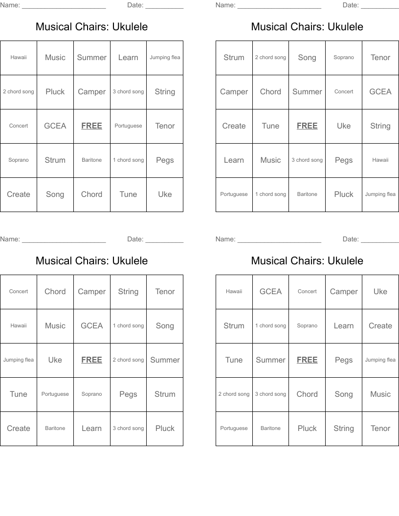 Musical Chairs: Ukulele Bingo Cards