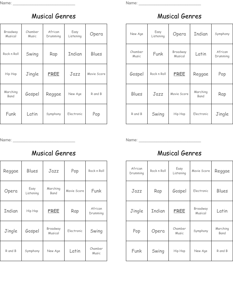 Musical Genres Bingo Cards
