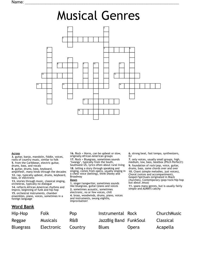 Musical Genres Crossword