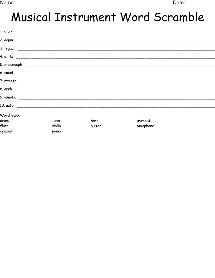 Musical Instrument Word Scramble