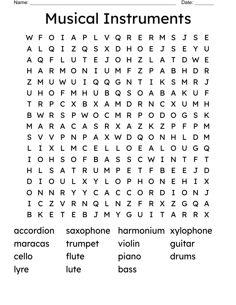 Musical Instruments Word Search