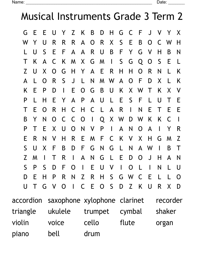 Musical Instruments Grade 3 Term 2 Word Search