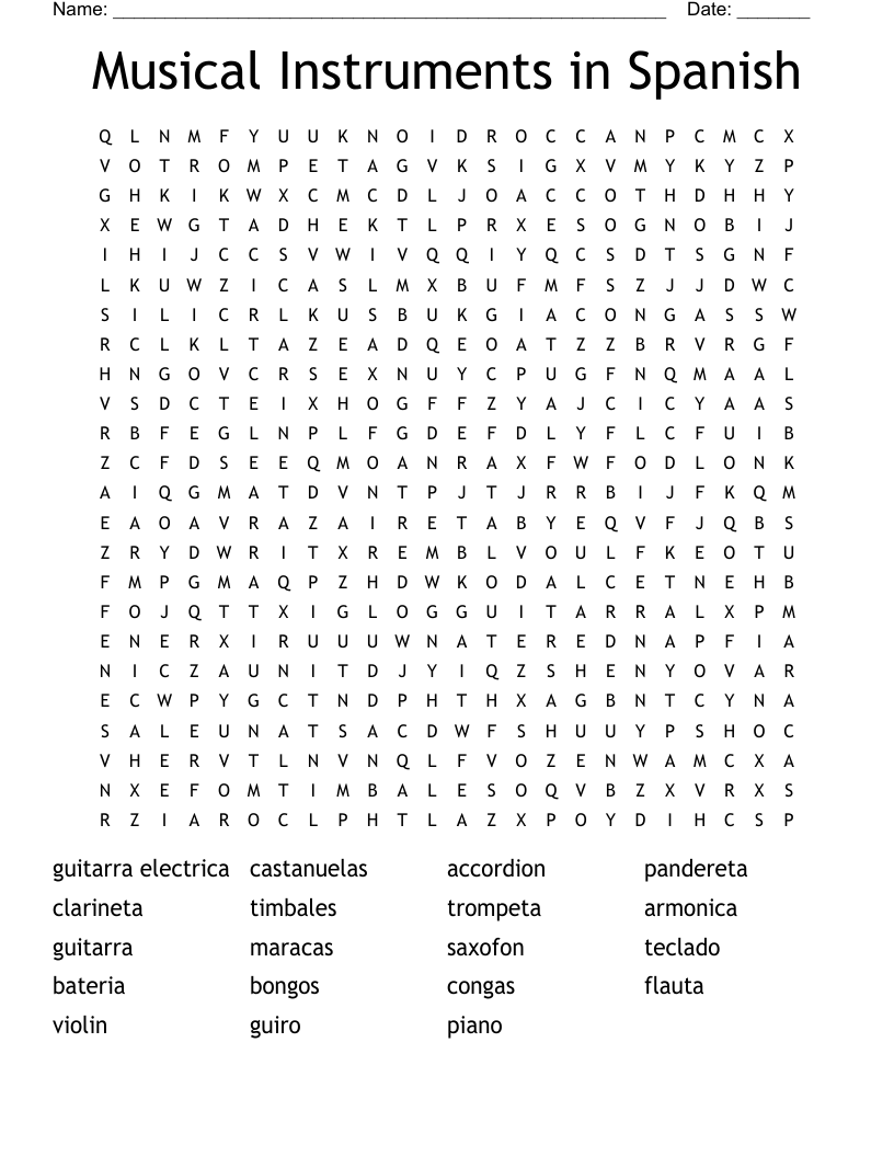 Musical Instruments in Spanish Word Search