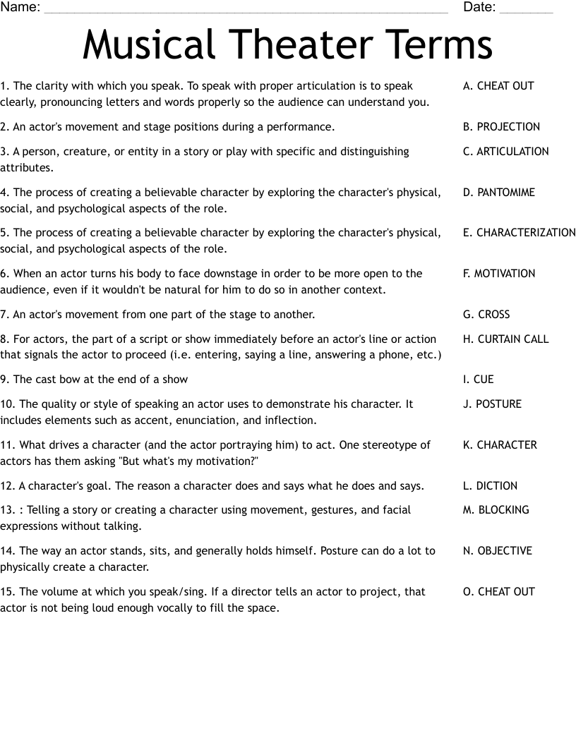 Musical Theater Terms Worksheet