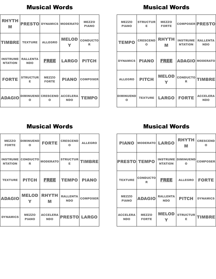 Musical Words Bingo Cards
