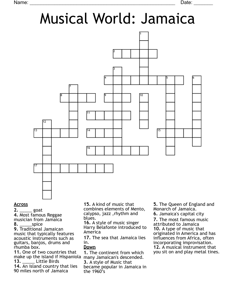 Musical World: Jamaica Crossword