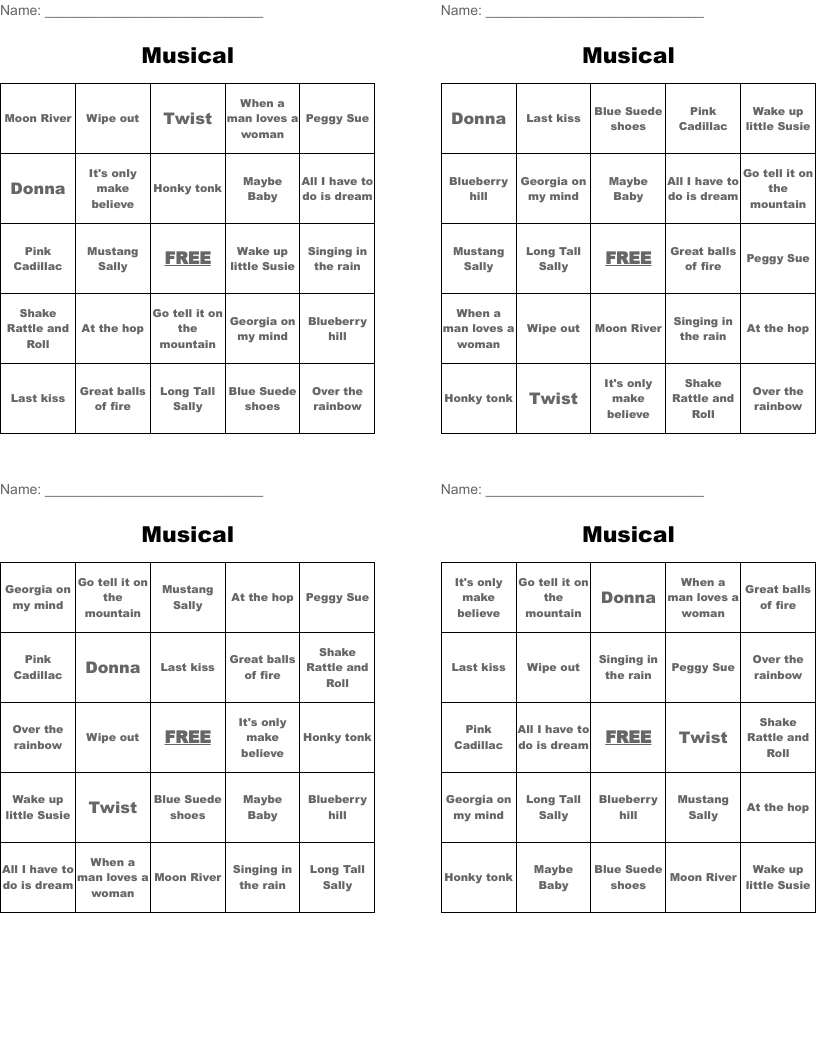 Musical  Bingo Cards