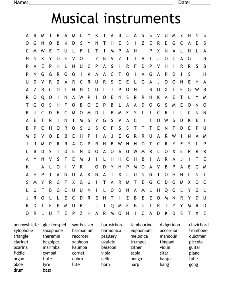 Musical instruments Word Search