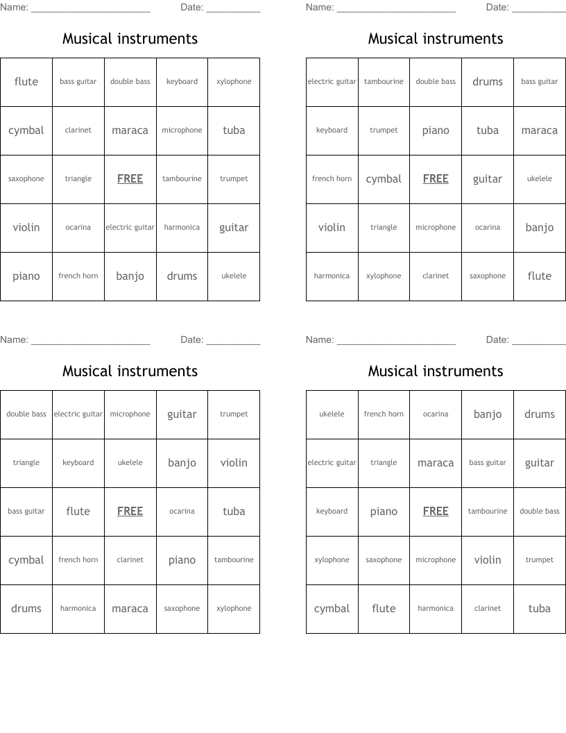 Musical instruments Bingo Cards