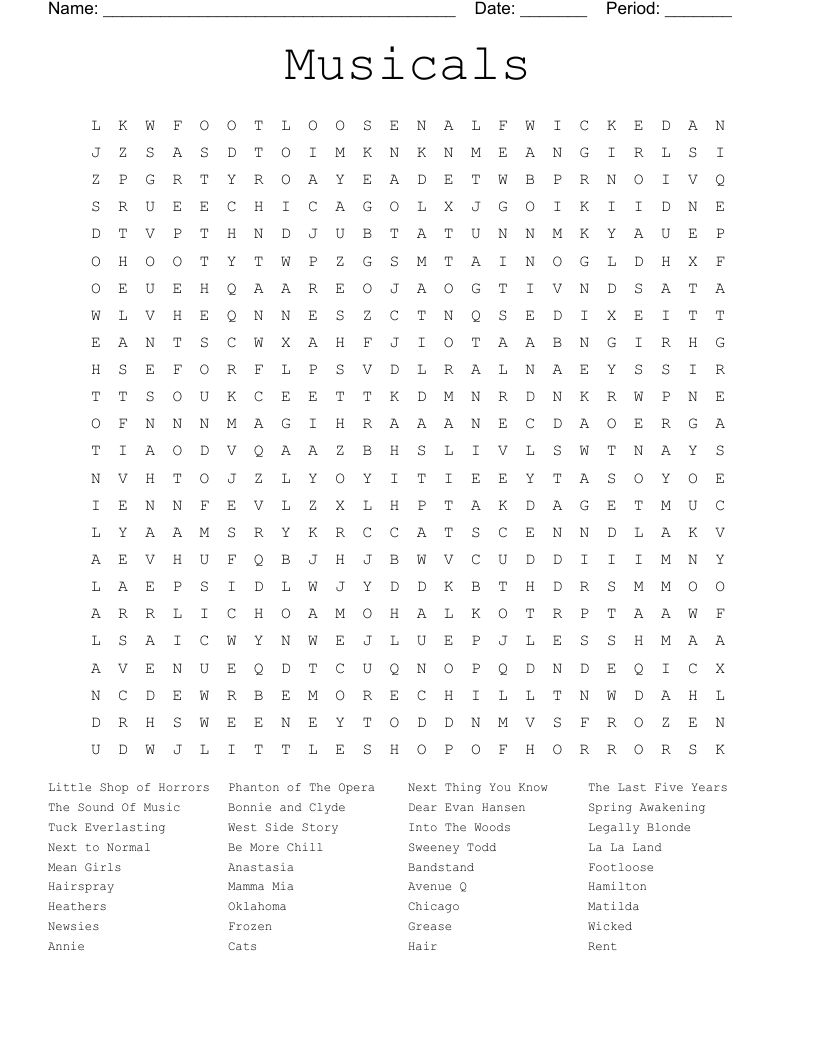 Musicals Word Search