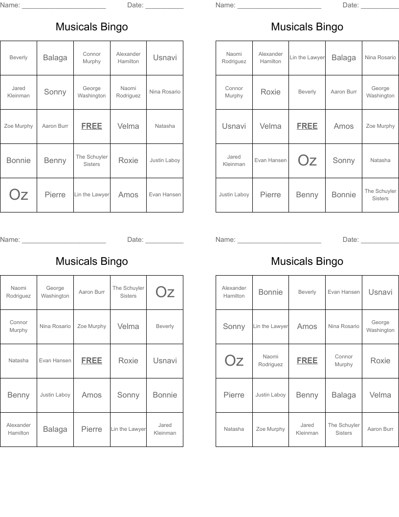 Musicals Bingo