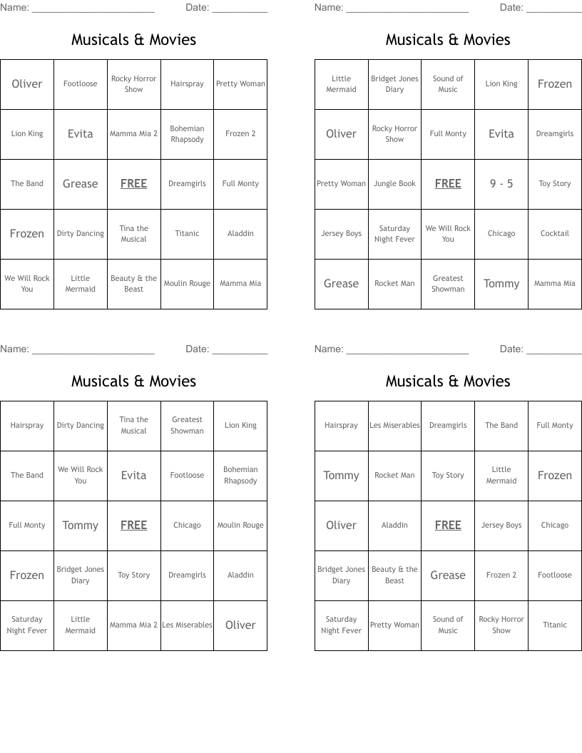 Musicals & Movies Bingo Cards