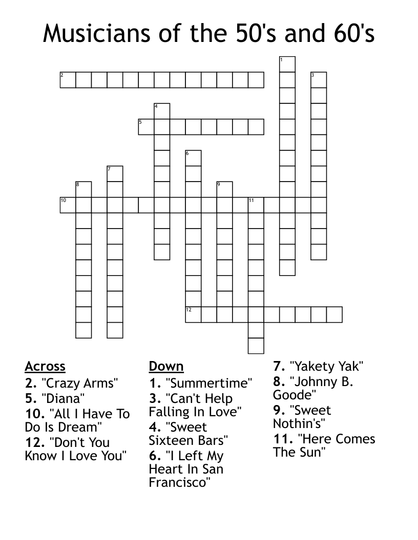 Musicians of the 50's and 60's Crossword