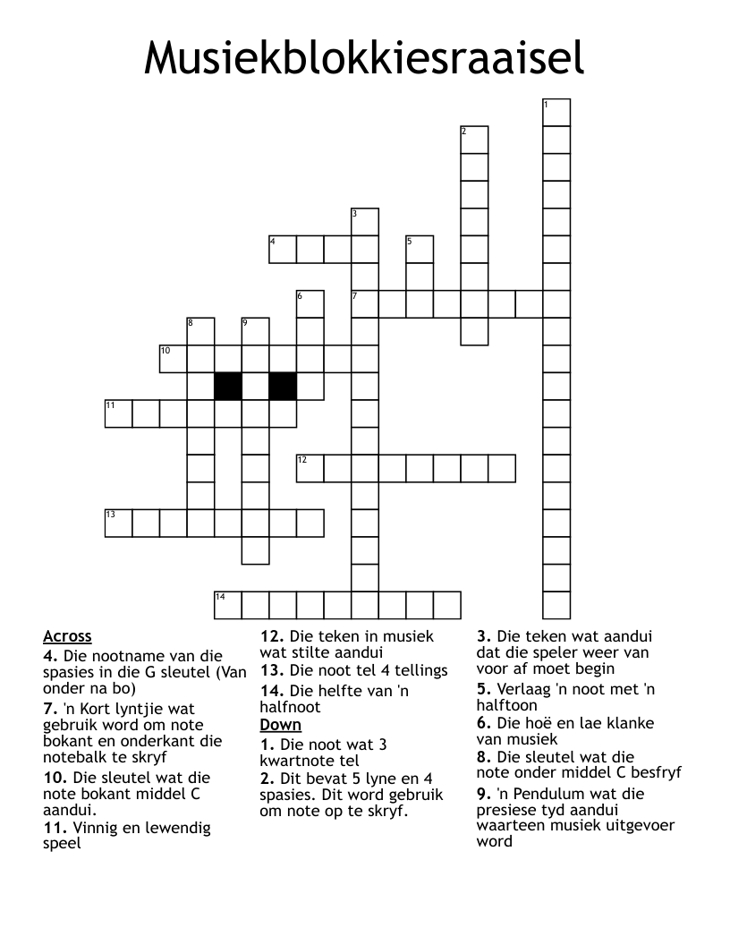 Musiekblokkiesraaisel Crossword