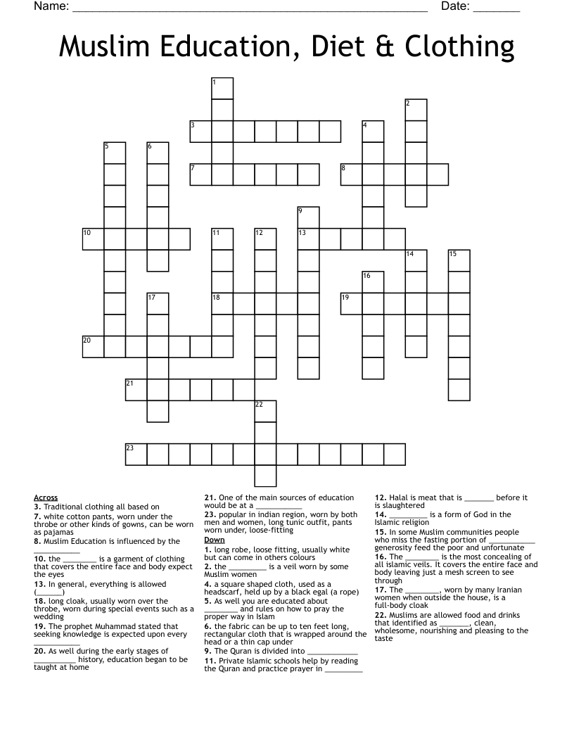 Muslim Education, Diet & Clothing Crossword