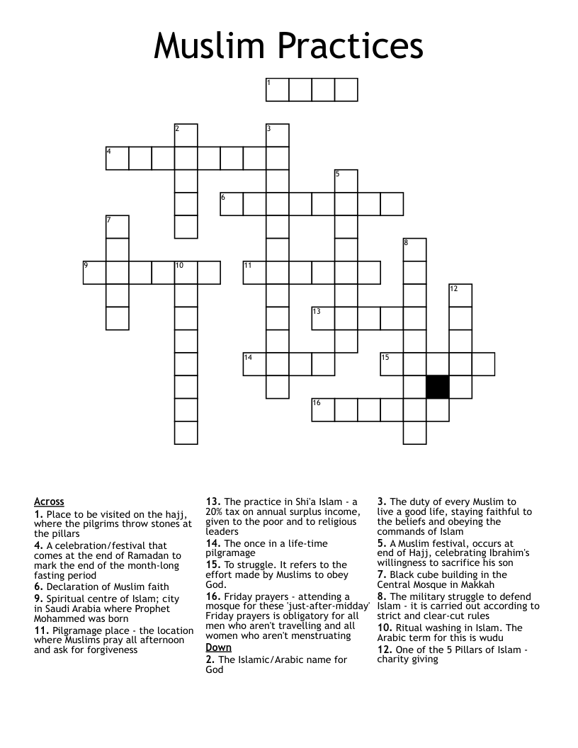 Muslim Practices Crossword
