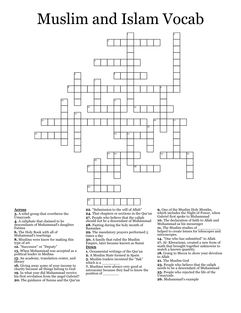 Muslim and Islam Vocab Crossword