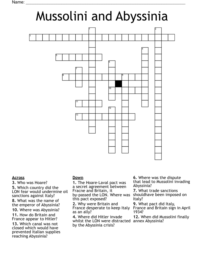 Mussolini and Abyssinia  Crossword