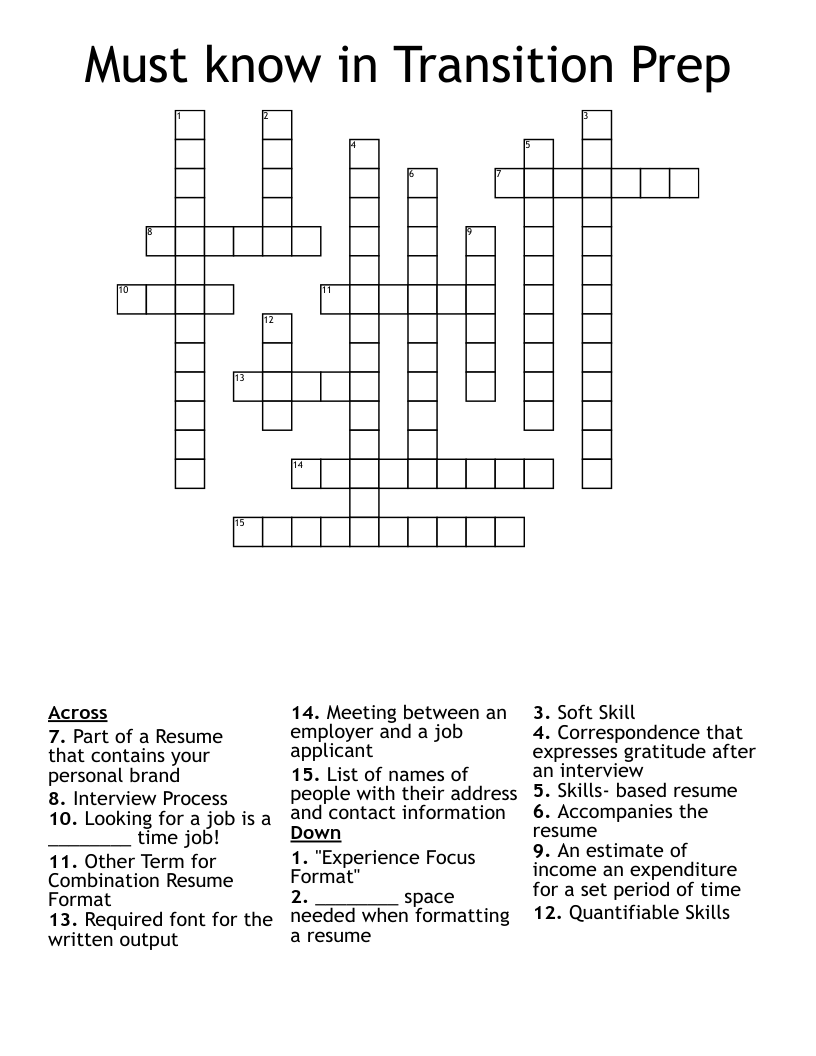 Must know in Transition Prep Crossword