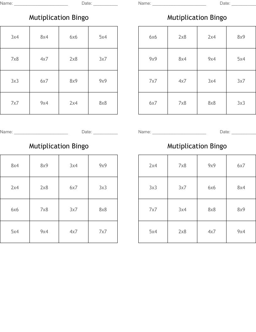 Mutiplication Bingo