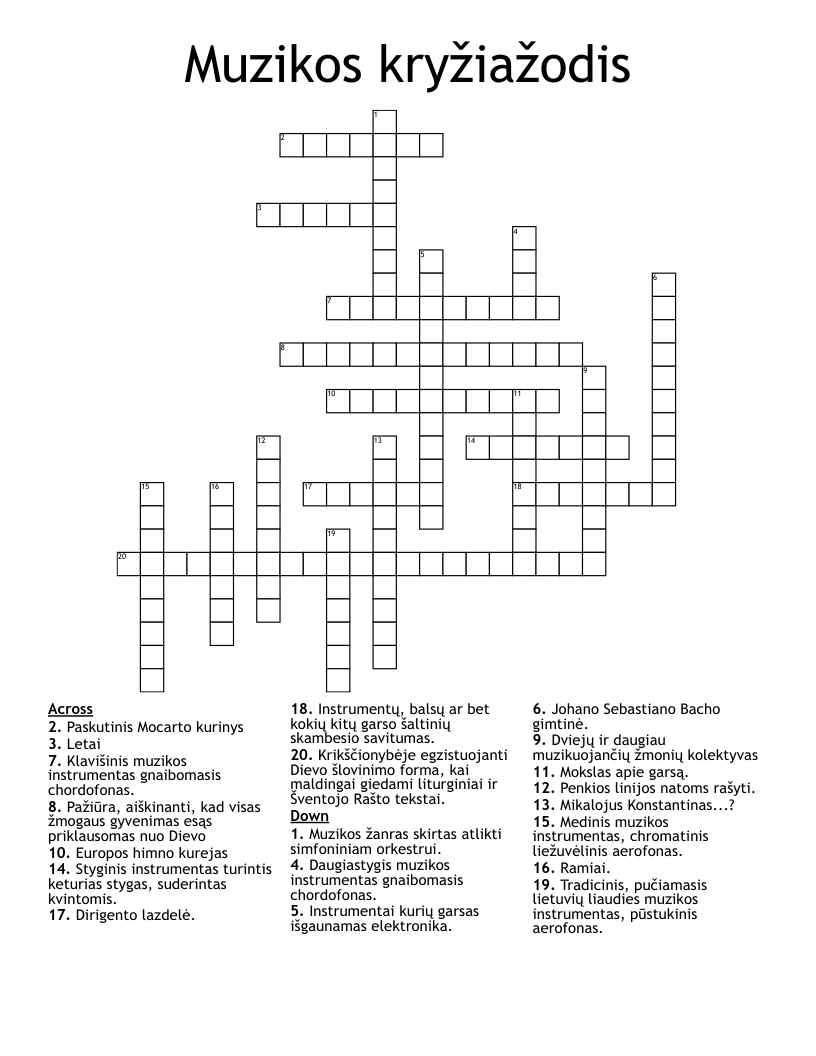 Muzikos kryžiažodis Crossword