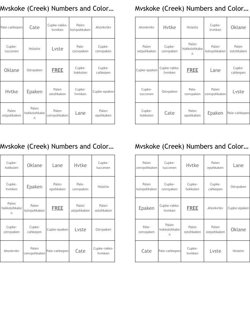 Mvskoke (Creek) Numbers and Colors #1 Bingo Cards