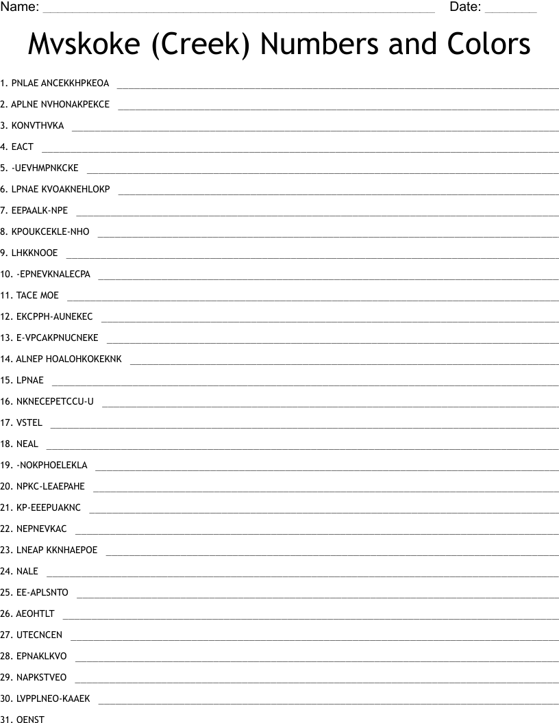 Mvskoke (Creek) Numbers and Colors Word Scramble