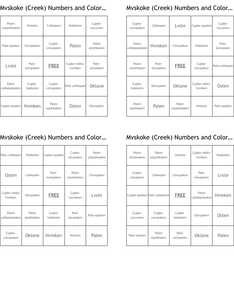 Mvskoke (Creek) Numbers and Colors #4 Bingo Cards
