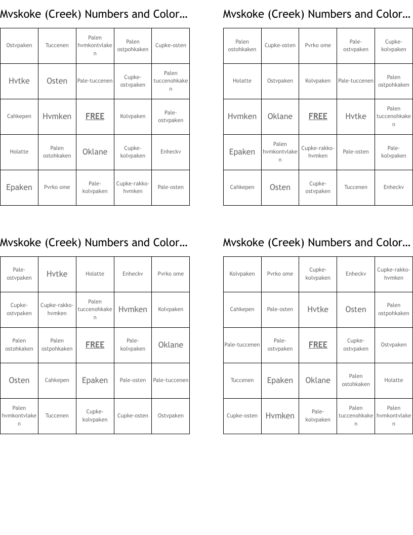 Mvskoke (Creek) Numbers and Colors #6 Bingo Cards