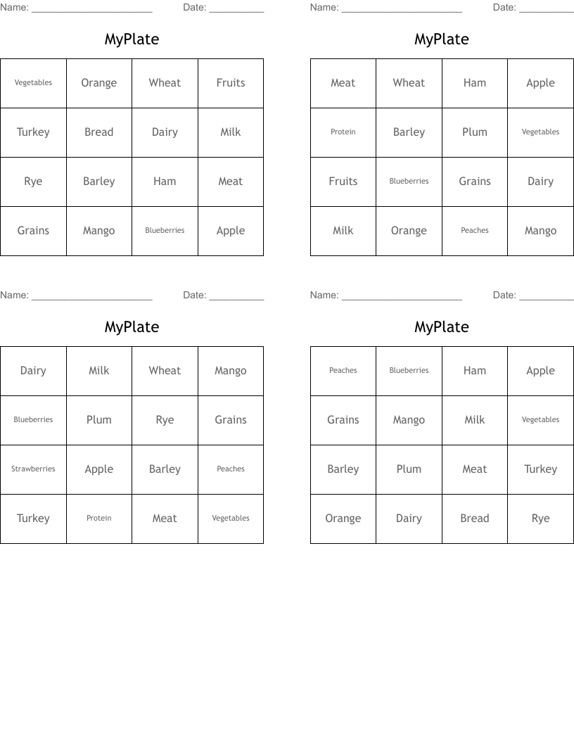 MyPlate Bingo Cards