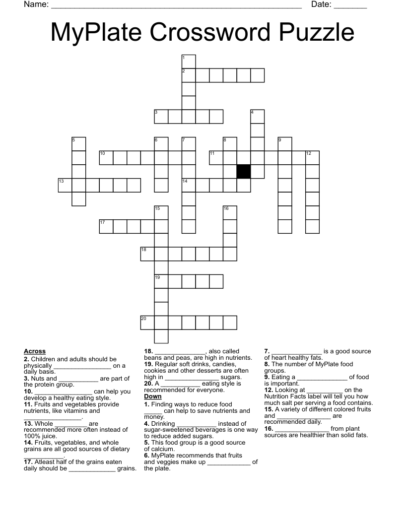 MyPlate Crossword Puzzle