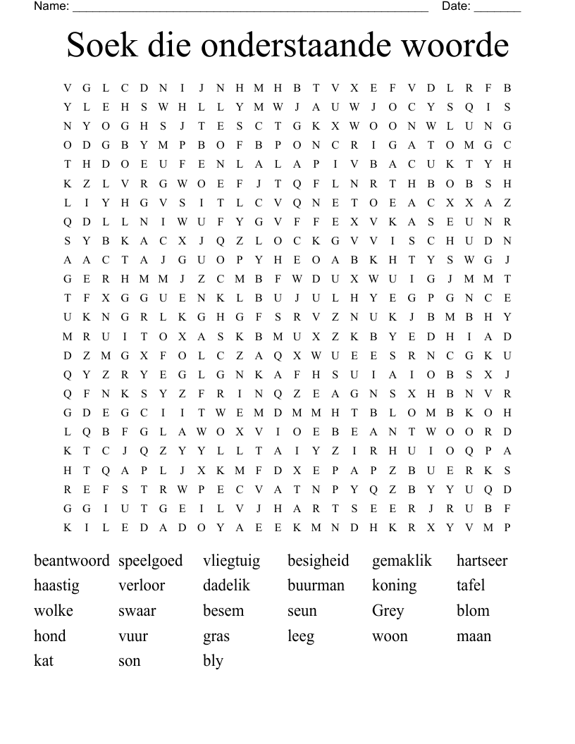 Soek die onderstaande woorde Word Search