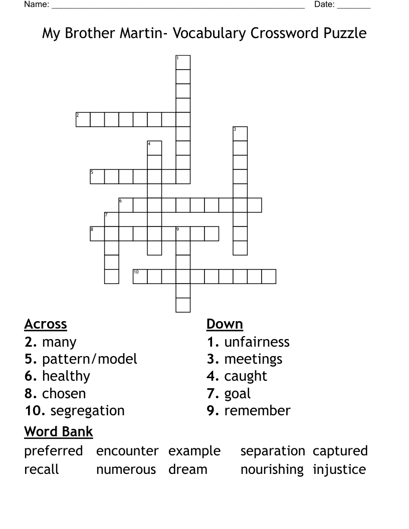 My Brother Martin- Vocabulary Crossword Puzzle
