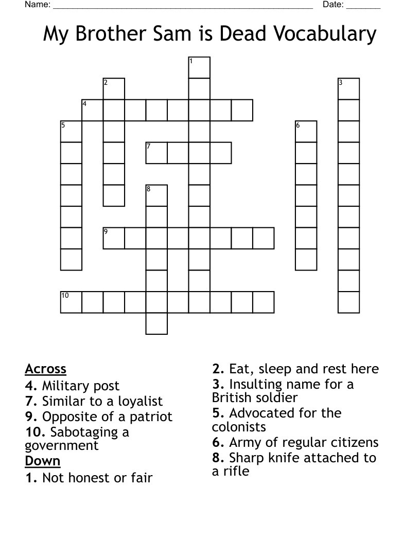 My Brother Sam is Dead Vocabulary Crossword