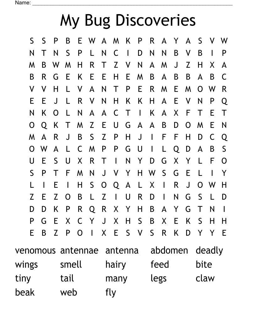 My Bug Discoveries Word Search